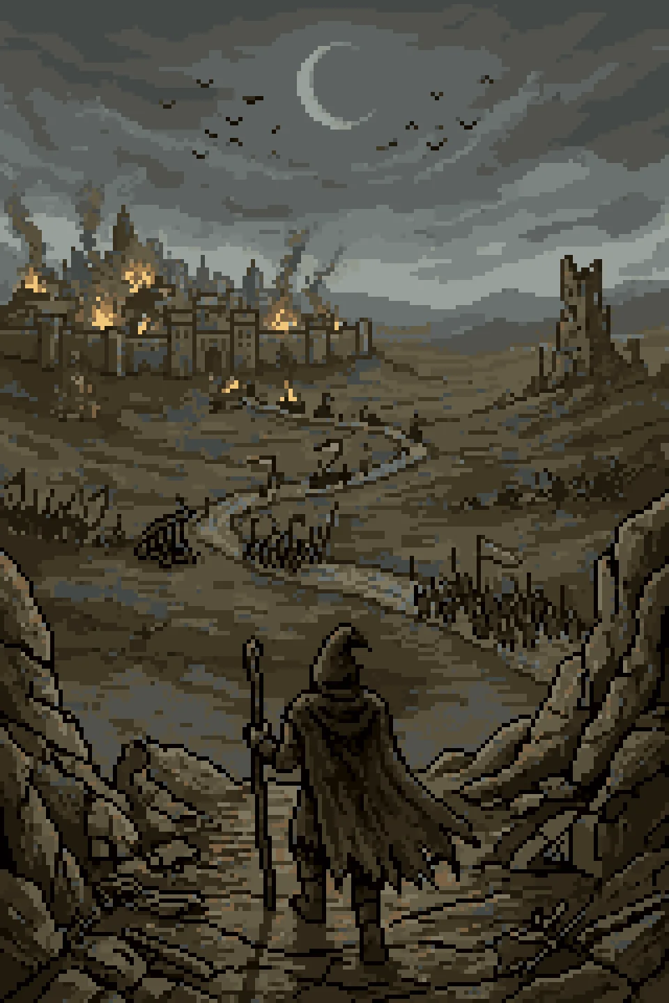 Key art: a hooded wanderer with a staff