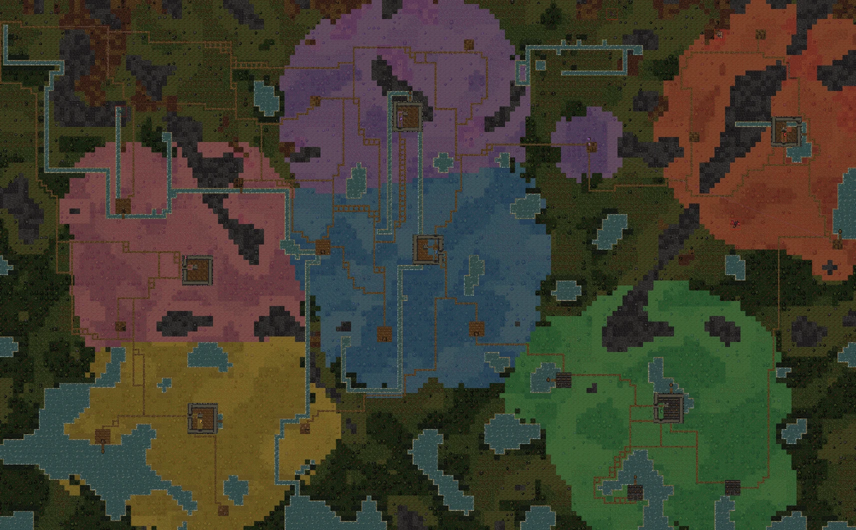 The faction map: five realms in colour, their borders, roads and cities